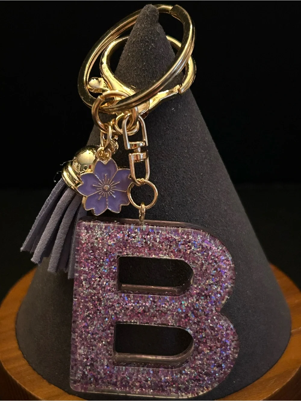 Gold-Tone Key & Card Holder w/Purple Glitter Choice of Initial Charm w/Tassel
